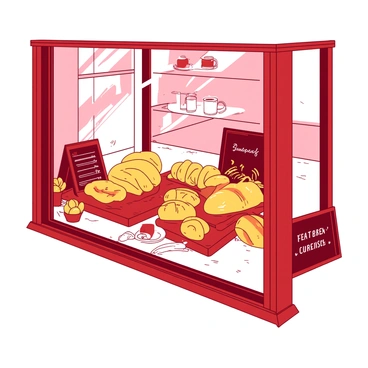A red bakery window showcases an array of freshly baked cheese breads and pastries. The cheese breads are golden-brown with a crisp crust, and they are arranged neatly on a wooden display tray. Various pastries, including croissants and danishes, are placed next to the cheese breads, glistening with a light glaze. Soft natural light filters through the glass, illuminating the bakery items and highlighting their appetizing textures. Decorative elements such as small potted plants and a chalkboard sign listing daily specials are visible beside the window, enhancing the inviting atmosphere.
