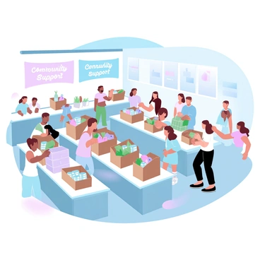 A food bank is operating inside a community center. Volunteers are sorting groceries on long tables, with a variety of food items including canned goods, fresh fruits, and vegetables. Families with children are in line, each carrying reusable bags. Some are picking up boxes filled with food, while others are receiving help from smiling volunteers. Bright banners with the words "Community Support" are hanging on the walls. The atmosphere is bustling with activity as many people move around, creating a vibrant scene of generosity and assistance.