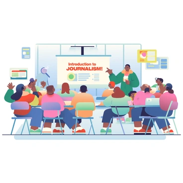 A seminar room is filled with students engaged in learning about journalism. There are multiple tables arranged in a U-shape, each with students seated and taking notes. A diverse group of students is present, with different skin tones and hairstyles, some wearing glasses. In the front of the room, a projector is displaying a presentation titled "Introduction to Journalism" on a white screen. The room has large windows allowing natural light to enter, and educational posters related to journalism are hanging on the walls. A few students are raising their hands to ask questions, and a teacher is standing near the projector, pointing at the screen.