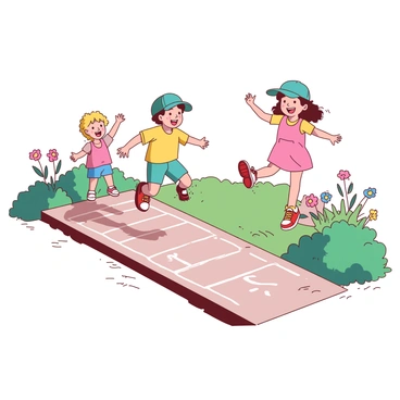 A group of children is energetically jumping through a hopscotch grid chalked on the sidewalk. The grid is outlined in white chalk and features numbers from one to nine. One child is mid-air, wearing a yellow shirt and blue shorts, with a wide smile on their face. Another child is standing at the starting point of the hopscotch, dressed in a pink dress, eagerly waiting for their turn. A third child, wearing a teal cap and red sneakers, is balanced on one foot above the number five, with arms outstretched for balance. The sunny sidewalk is surrounded by green grass, and colorful flowers are blooming nearby.