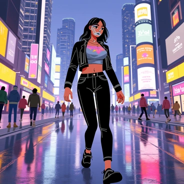 A young woman with intricate, futuristic face paint in vibrant colors walks confidently through a neon-lit city. The face paint features geometric patterns in shades of blue, pink, and silver that catch the light. She wears a sleek, modern outfit that complements her striking appearance. The city around her is alive with glowing signs and colorful lights reflecting off the wet pavement. Skyscrapers loom in the background, adorned with bright advertisements and digital displays. The atmosphere is bustling with people and futuristic vehicles moving through the streets.
