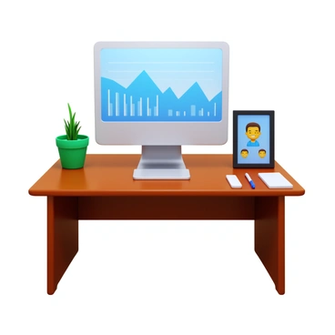 A tidy office desk made of dark wood. On the desk is a sleek computer with a large monitor displaying graphs. There is a small green potted plant sitting beside the computer, adding a touch of nature. A personal photo frame with a picture of a smiling family is placed on the desk, positioned to the right of the monitor. The desk is organized, with a notepad and a pen neatly placed next to the photo frame.