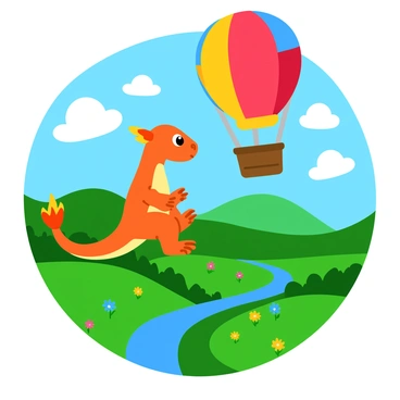 A "Charmander" with bright orange scales and a flame on its tail is sitting comfortably in a "colorful hot air balloon." The balloon is vibrantly decorated with patches of red, blue, and yellow fabric, floating high in the sky. Below, a "scenic landscape" showcases rolling green hills dotted with colorful wildflowers, and a winding river glimmers in the sunlight. Fluffy white clouds drift lazily in the blue sky, creating a cheerful backdrop to the scene. The hot air balloon is gently swaying in the breeze as "Charmander" gazes excitedly at the view below.