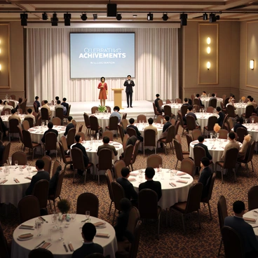 An elegant award ceremony taking place in a well-decorated venue with soft lighting and stylish decor. There are various tables arranged neatly, each adorned with white tablecloths and centerpieces featuring small floral arrangements. A stage is set at the front with a podium and a large banner that reads, "Celebrating Achievements in Illustration." Attendees are dressed in formal attire, including suits and evening gowns, with some holding drinks and engaging in conversation. The atmosphere is filled with anticipation as presenters prepare to announce the award winners, while a spotlight illuminates the stage, highlighting the excitement of the event.