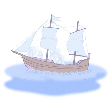 A ghost ship with tattered sails glides silently through a dense fog on a calm sea. The ship's hull is aged and weathered, appearing almost translucent in the mist. On the deck, there are spectral figures dressed in old-fashioned sailor attire, their forms faint and shimmering. The fog envelops the ship, creating a mysterious atmosphere around it, with soft ripples in the water reflecting the faint outlines of the vessel and its ghostly crew.