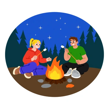 A boy and a girl sitting around a campfire, roasting marshmallows on long sticks. The campfire emits bright orange and yellow flames, casting a warm glow on their smiling faces. The boy has short brown hair and is wearing a green t-shirt. The girl has long blonde hair tied in a ponytail and is wearing a red hoodie. Above them, a clear night sky is filled with sparkling stars, creating a magical atmosphere. The ground is covered with dark brown dirt and a few scattered leaves. In the background, there are silhouettes of tall trees against the night sky.