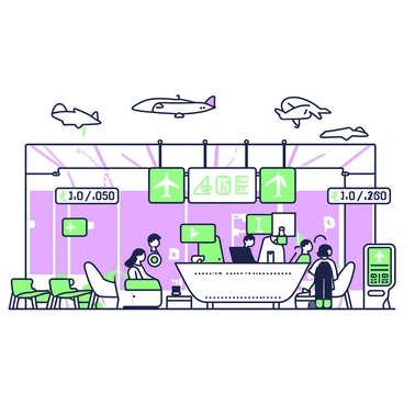 A futuristic airport terminal features sleek and modern architecture. The terminal has large glass windows that allow natural light to flood the spacious interior. In the center, there is a circular information desk made of glass, surrounded by travelers. Several digital screens display flight information in bright visuals. The seating area is filled with minimalist chairs arranged in clusters. Automated kiosks for check-in and boarding are integrated into the design. Above, an array of drones can be seen maneuvering around, showcasing advanced transportation technology. Large signs hang from the ceiling, guiding passengers to various gates.