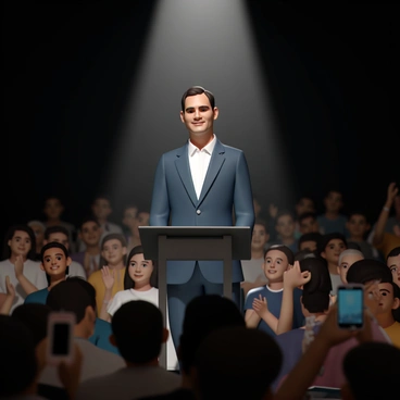 Roger Federer speaking at a charity event, with a spotlight on him and an audience applauding.