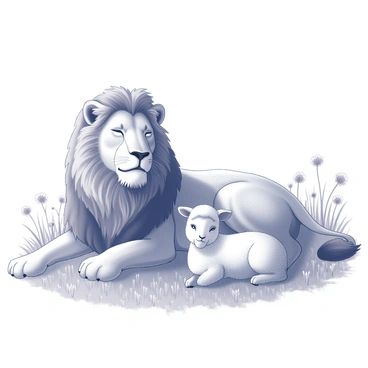 A majestic lion lying in a relaxed position on the grass in a sunlit meadow. The lion has a full, flowing mane and its eyes are closed in a peaceful manner. Beside it, a gentle lamb rests comfortably, with soft wool covering its body. The meadow is filled with tall grass, and a variety of wildflowers are scattered throughout. The sunlight casts soft shadows on the ground, creating a serene atmosphere in the scene.