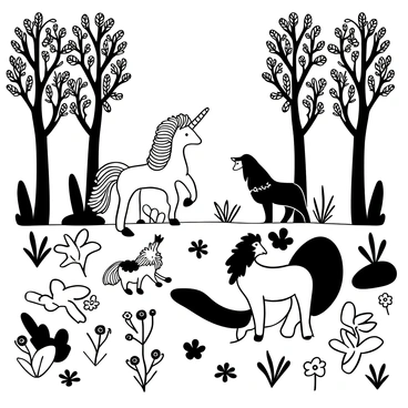 A glade surrounded by tall trees with intricate leaves and dense undergrowth. In the center of the glade, several mythical creatures are gathered. A unicorn with a spiraled horn stands gracefully, its mane flowing. Nearby, a griffin with large wings is perched on a rock, its body resembling a lion and its head resembling an eagle. There are other mythical creatures such as a centaur moving through the glade and a small dragon perched on a branch. The ground is dotted with various flowers and soft grass, adding to the enchanting atmosphere of the scene.