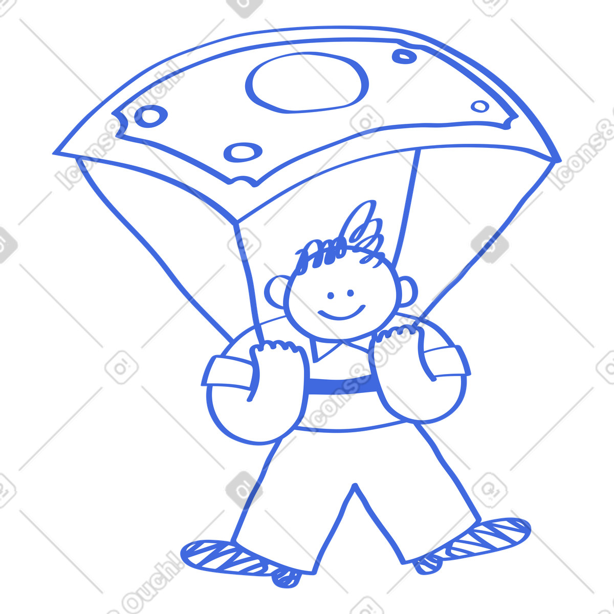 Illustration Parachute money umbrella protecting smiling character from financial risk dans le style Ballpoint Pen à télécharger aux formats PNG, SVG