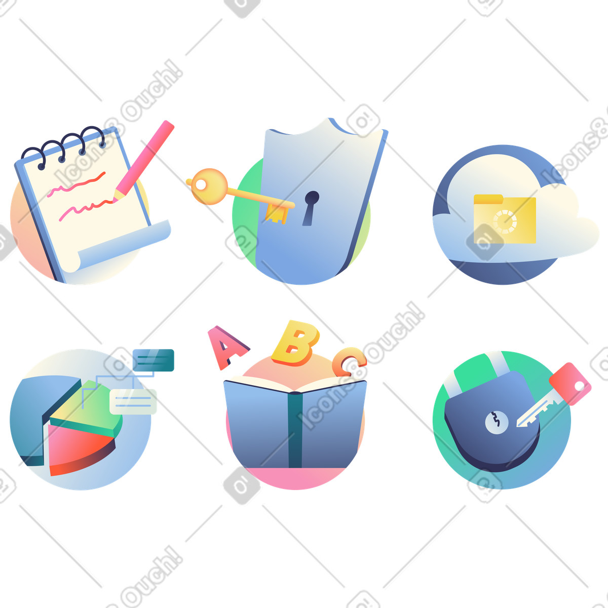Variety of icons for study, business and IT, Notepad, shield, and cloud icons, Resources for web services and online tools illustration in PNG, SVG