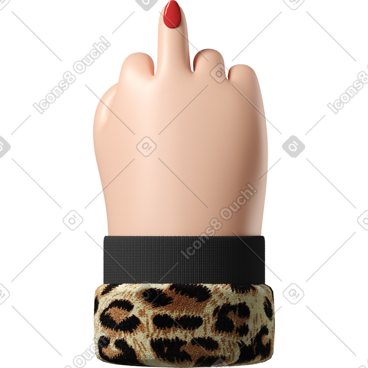 3D Hands Fun&Wild 스타일의 가운데 손가락을 보여주는 표범 재킷에 빨간색 페인트 손톱이 있는 흰색 피부 손 일러스트레이션 PNG, SVG 다운로드