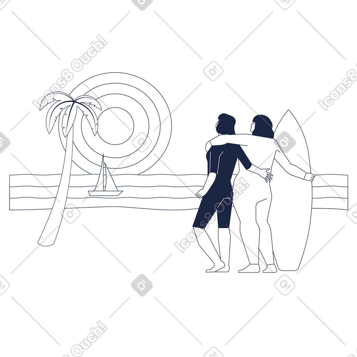 Urban Line 스타일의 Friends hugging on seashore at sunset, Beach holiday and recreation 일러스트레이션 PNG, SVG 다운로드