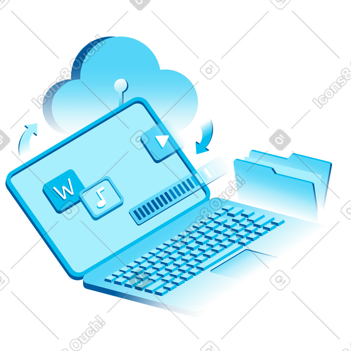 Ilustración Laptop syncing with cloud storage, Online backup for multimedia files en estilo Icy a descargar en PNG y SVG