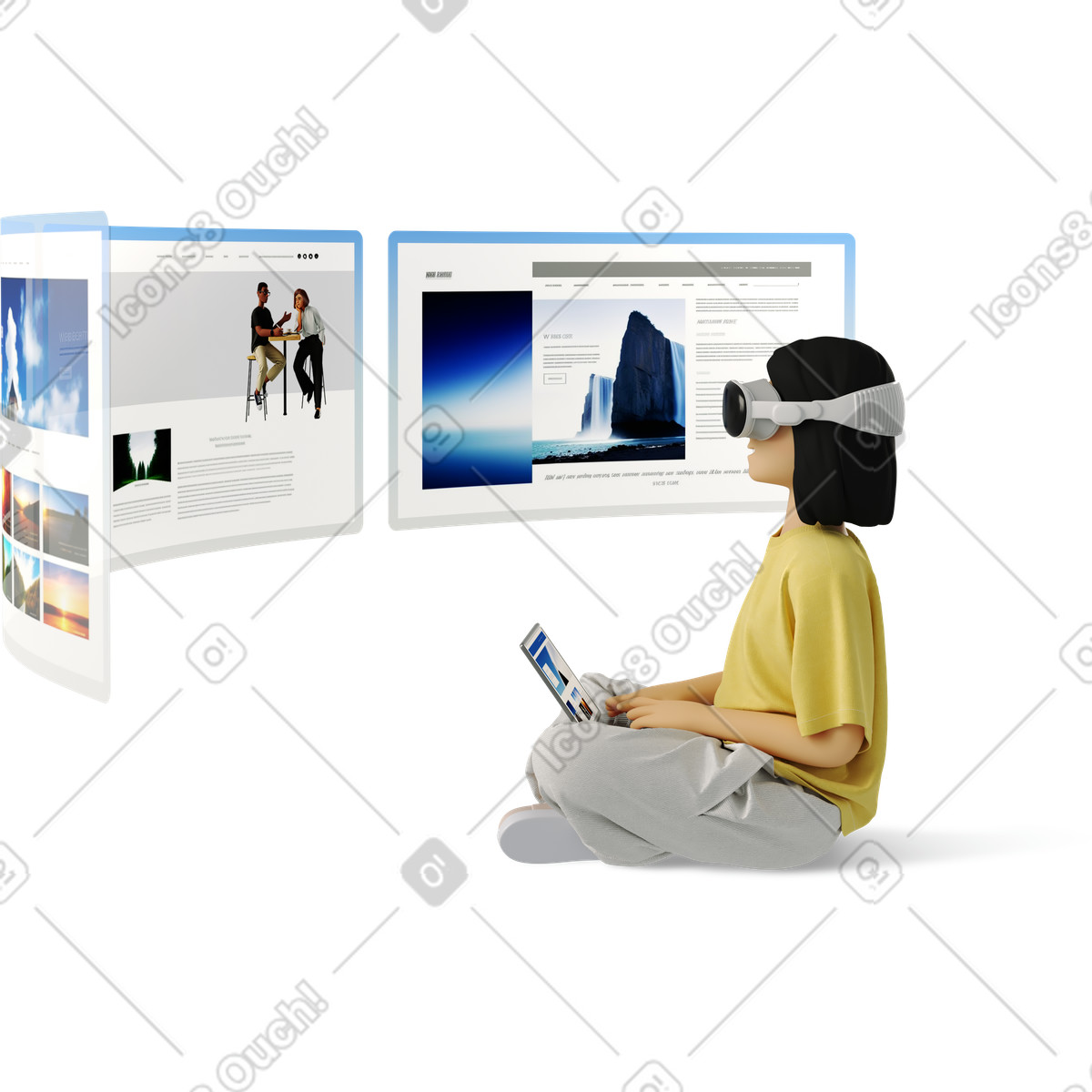 Woman in vr glasses browsing websites illustration 3D Business style download PNG, SVG
