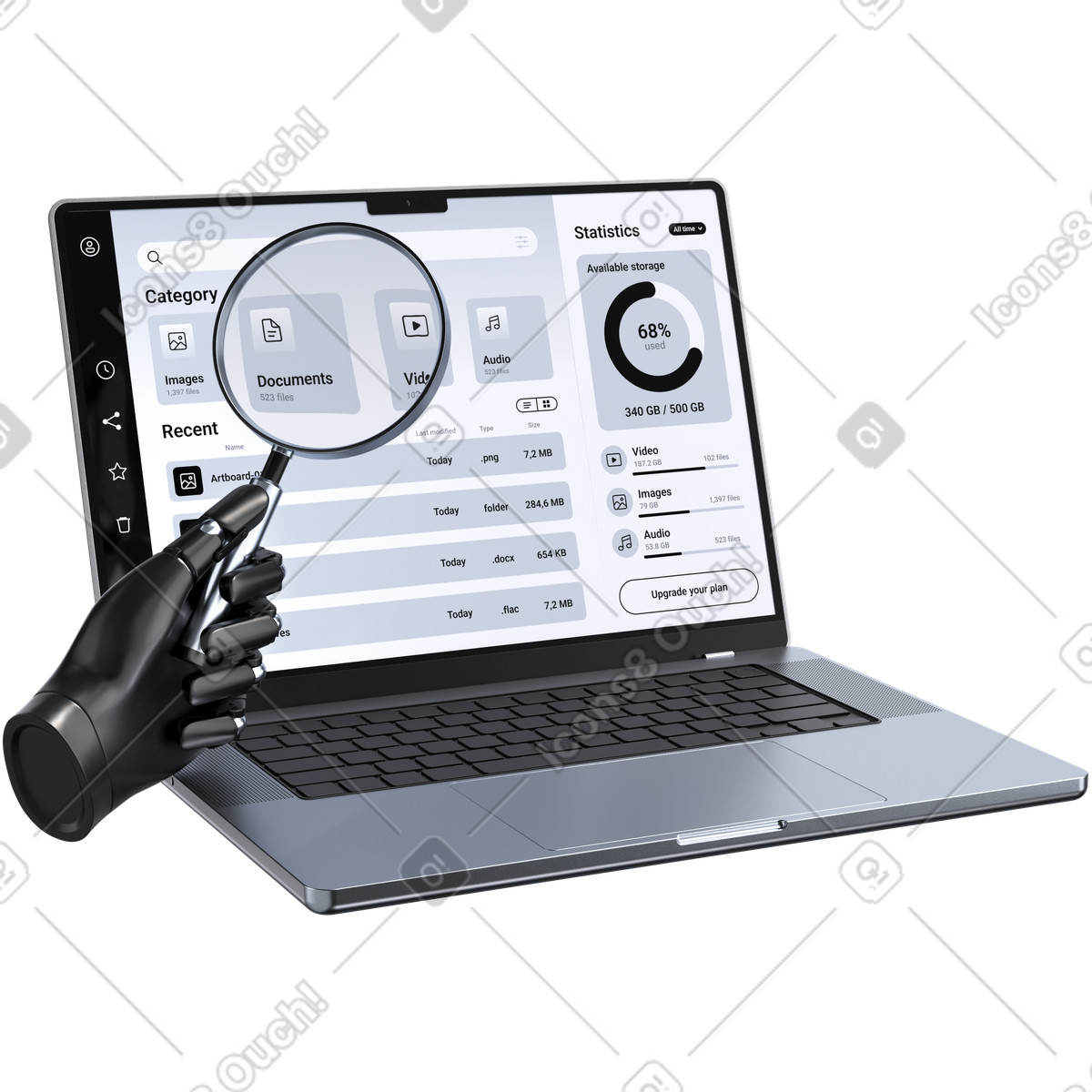 Robotic Hand with Laptop and Magnifier, File Management Audit, Digital Workflow Optimization illustration in 3D Pro style download in PNG, SVG