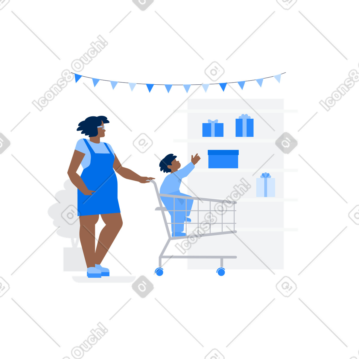 Parent and child shopping for gifts, Retail holiday preparation illustration in Urban style download in PNG, SVG