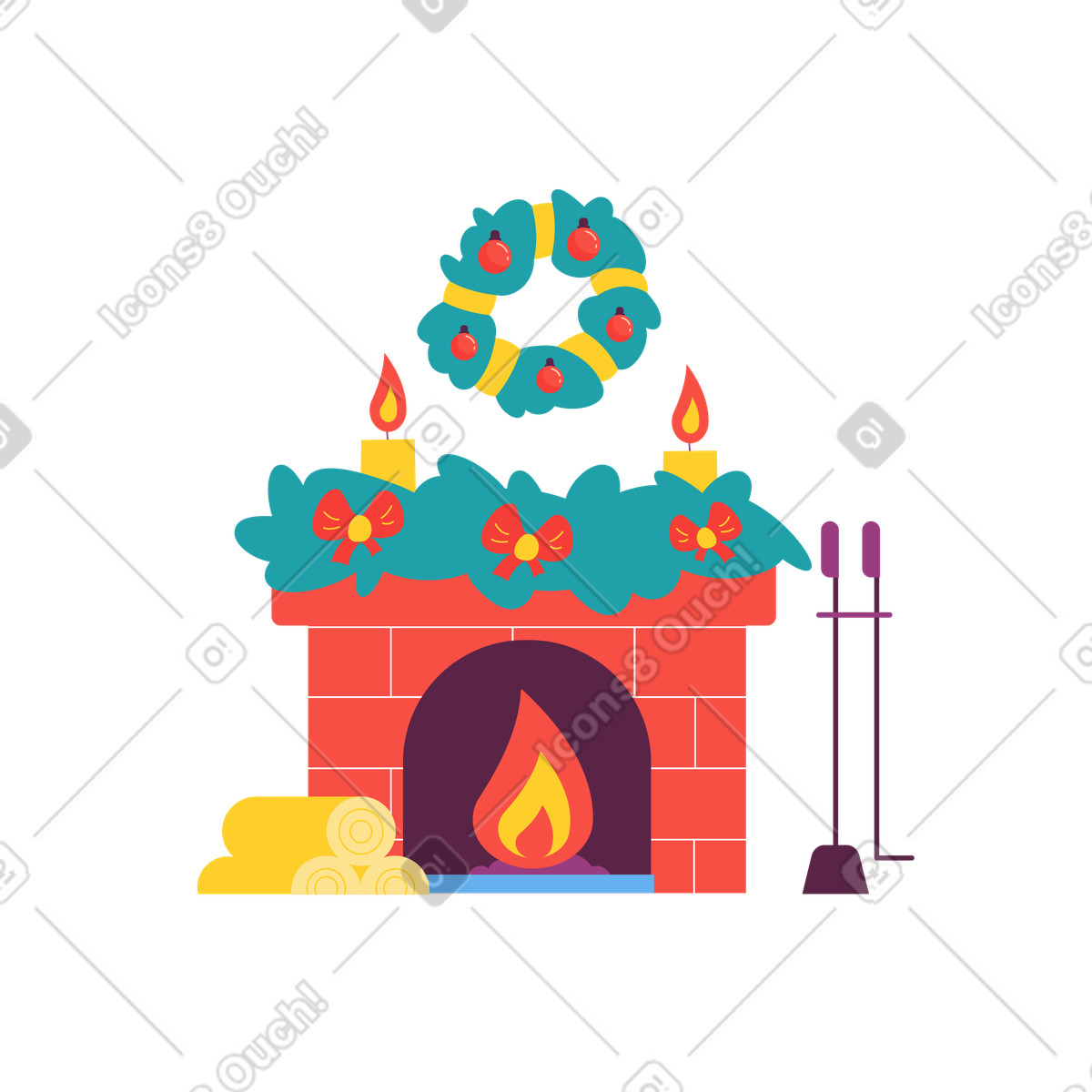 下载 Sammy 风格的 Brick fireplace with wreath and wood logs, Home holiday decor for Christmas 插画，支持 PNG、SVG 格式