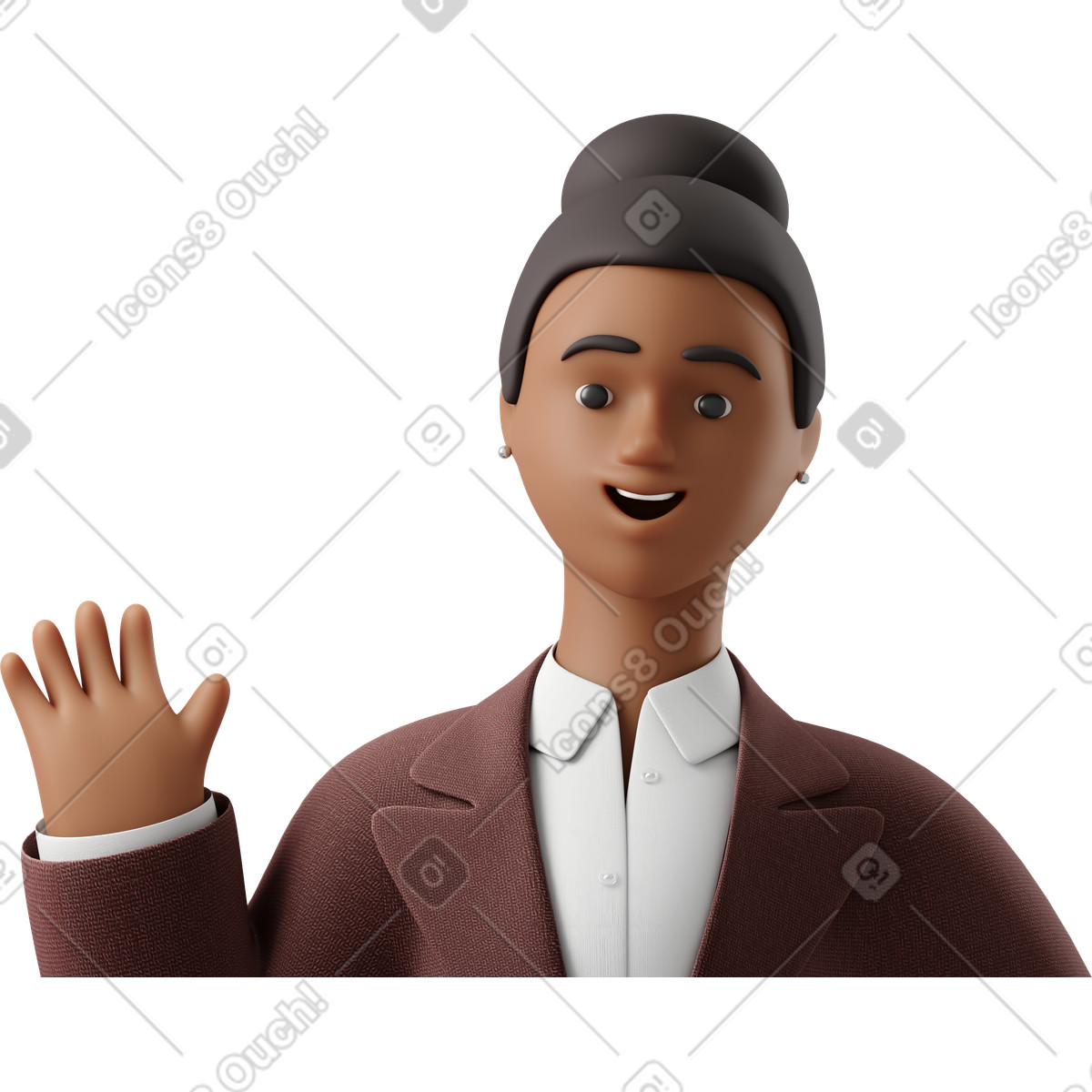 3D Business 스타일의 Close up of black businesswoman in brown suit waving hello 일러스트레이션 PNG, SVG 다운로드