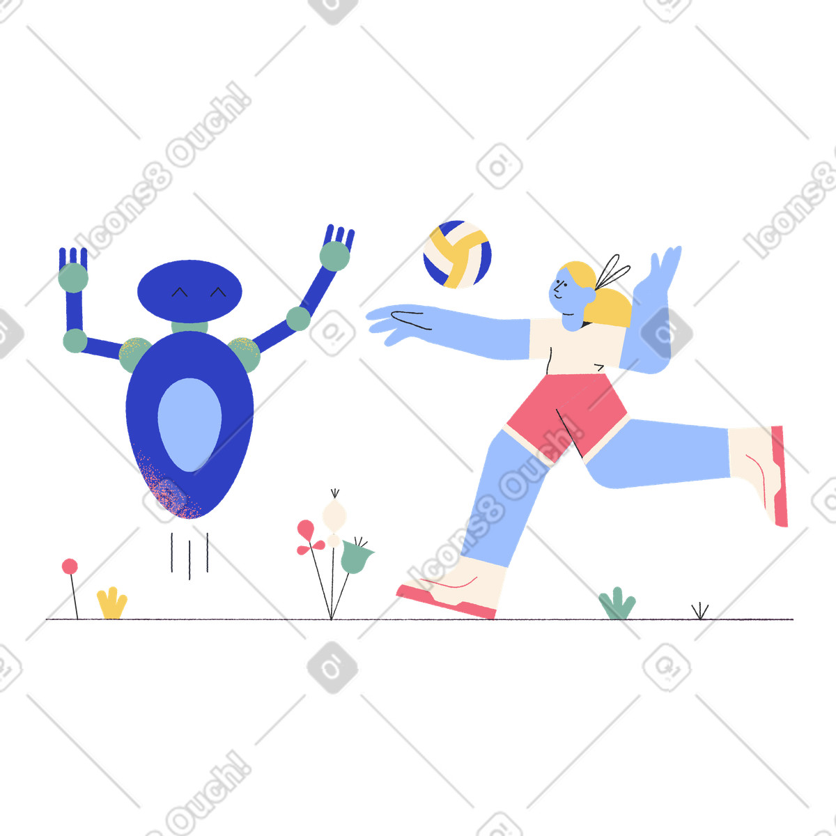 Illustration Robot et fille jouant au volley-ball dans le style Pablo à télécharger aux formats PNG, SVG