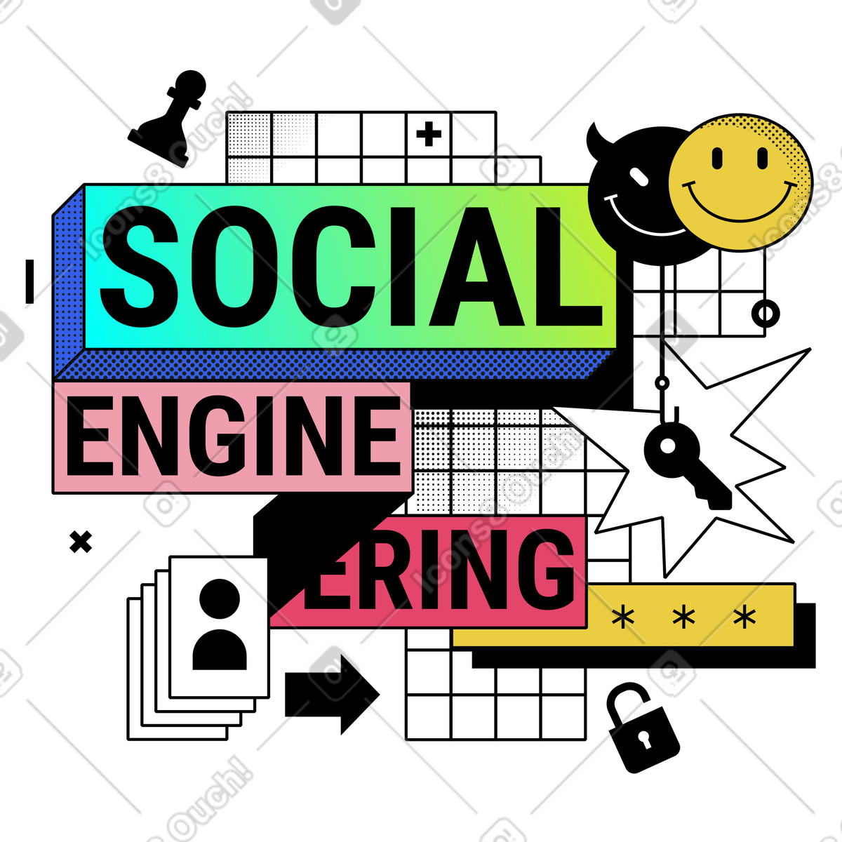 Ilustração de Engenharia social com smileys do bem/mal em no estilo Memphis para baixar em PNG, SVG