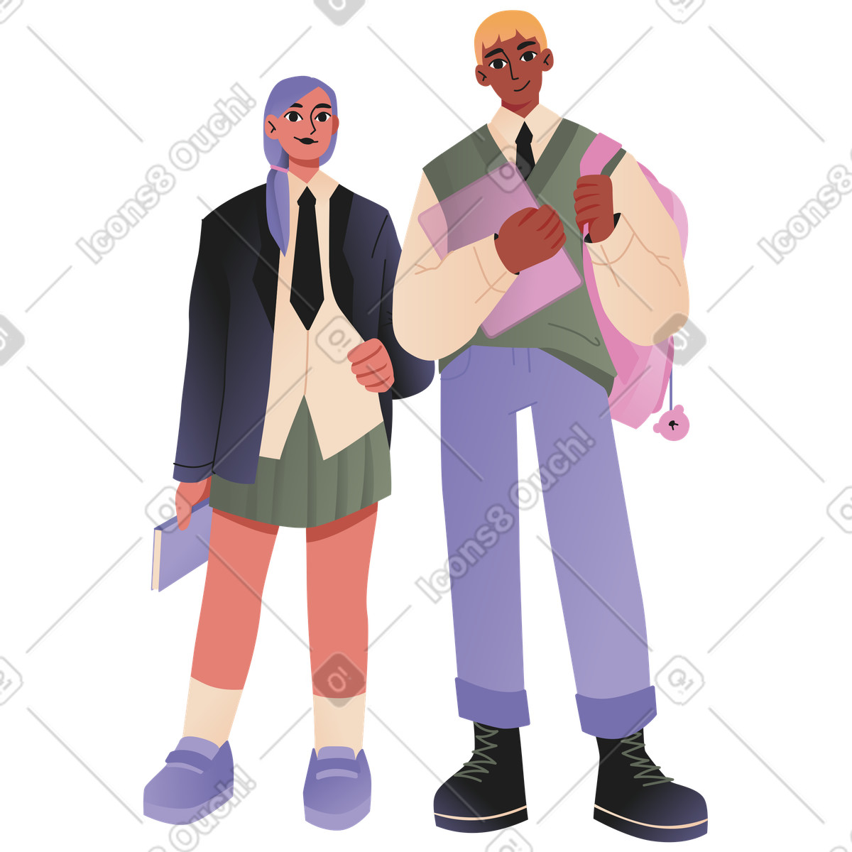 Students standing and holding textbooks illustration in Coworking style download in PNG, SVG