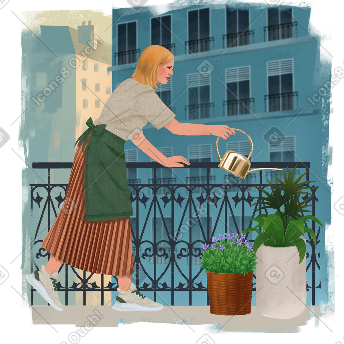 Ilustración Mujer joven regando flores en el jardín de su casa. estilo Experimental a descargar PNG y SVG