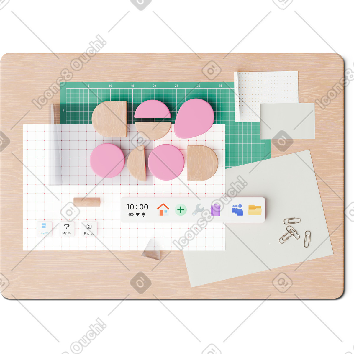 Top view of desk with papers and design program buttons illustration in 3D Hygge style download in PNG, SVG
