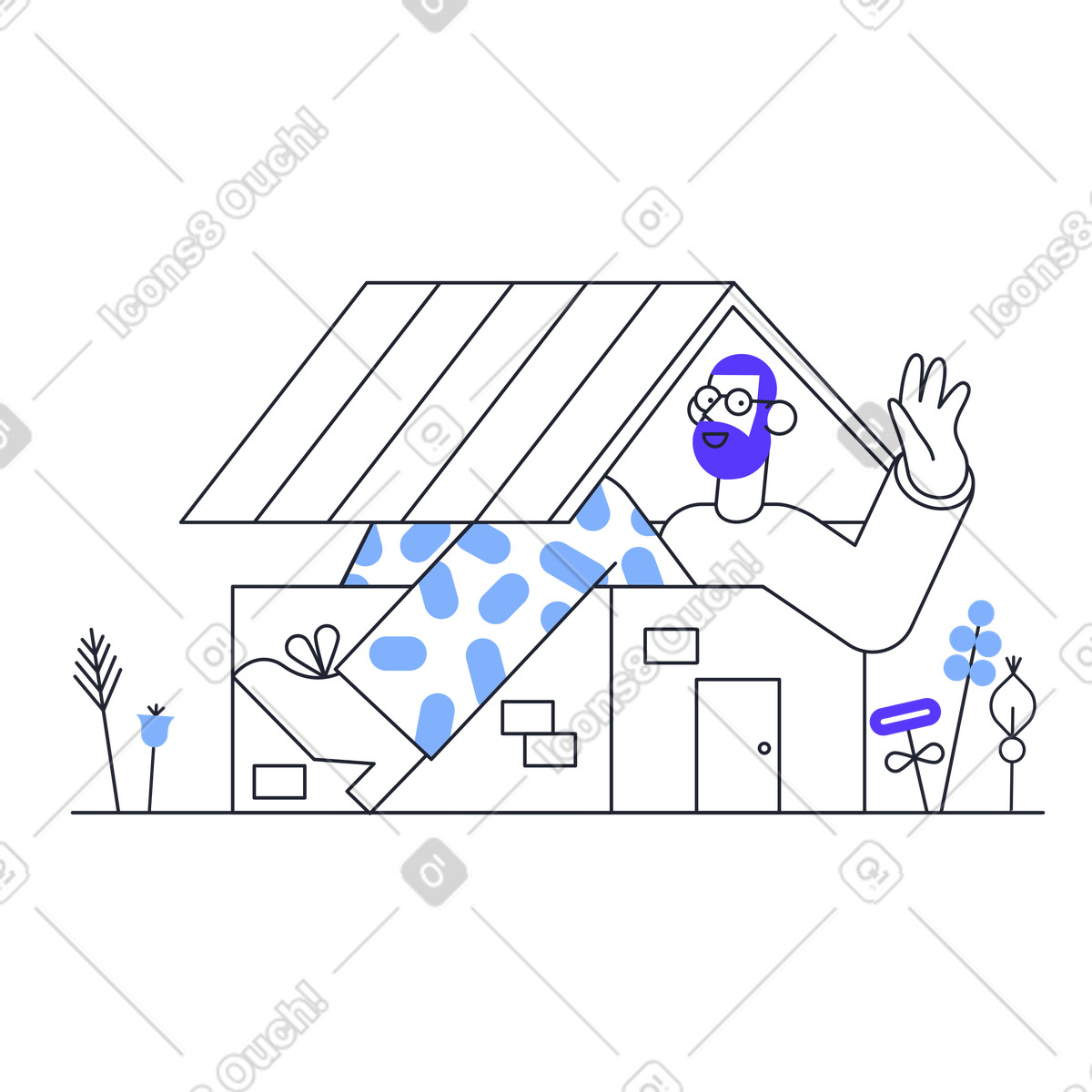 Mann sitzt in einem haus und winkt mit der hand-Illustration im Pablita-Stil als Download PNG, SVG