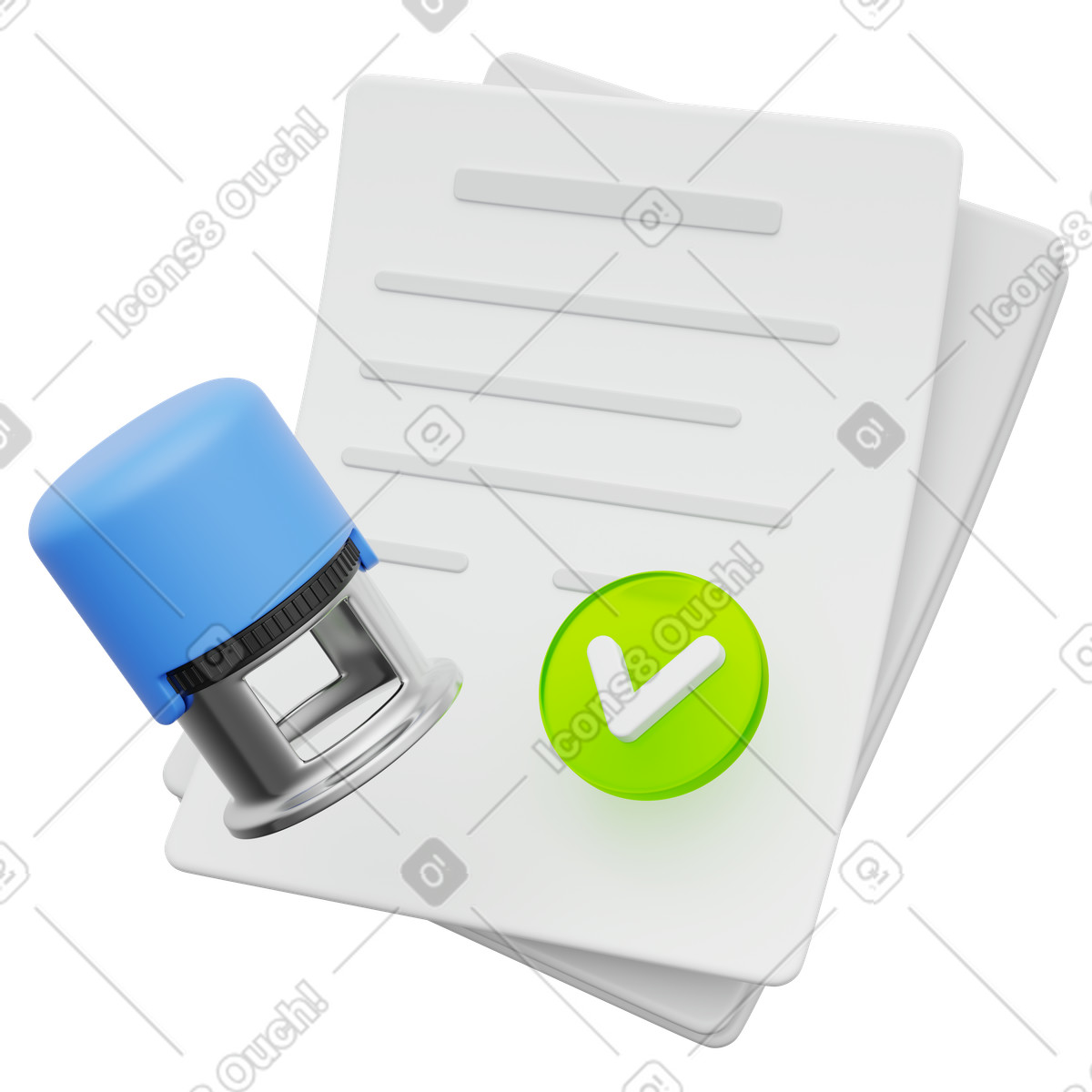 Contract approval document with stamp and green check mark symbol illustration in 3D Playful style download in PNG, SVG