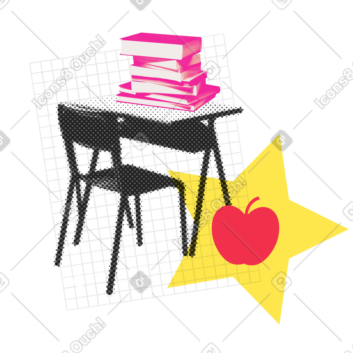 Offline classes, school desk and books  illustration in PNG, SVG