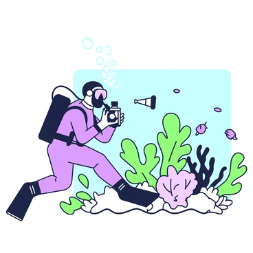 A diver is underwater, equipped with a scuba tank and a mask. They are holding an underwater camera in front of them, focusing on a detailed scene of coral reefs. The diver is wearing a wetsuit, with fins visible on their feet. Surrounding the diver, various types of coral formations extend in different shapes and sizes. Schools of fish swim around the coral, adding life to the scene. Bubbles escape from the diver's breathing apparatus, rising toward the surface in the clear water.