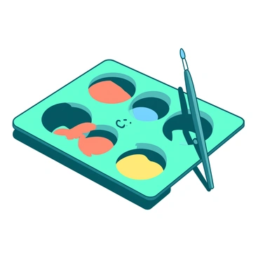 A teal paint palette with multiple wells, each filled with a different color to represent various brainstorming ideas. Each well contains a distinct shade: one filled with orange, another with blue, and a third with yellow. In the center of the palette, there is a small white paintbrush resting, partially dipped in one of the colors. The scene is arranged on a white surface, creating a bright and vivid display of creativity.