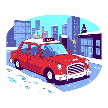 A red taxi cab is driving through snow-covered streets of New York City. The taxi is adorned with colorful holiday lights that are twinkling against the backdrop of the city. Snow is gently falling, creating a soft white blanket on the ground and on the rooftops of nearby buildings. In the background, you can see the outlines of tall skyscrapers, some of which have holiday decorations visible in their windows. The scene captures the festive spirit of the season as the taxi navigates through the winter wonderland.