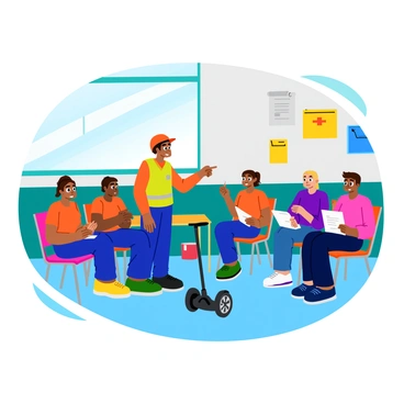 An instructor standing in front of a group of attentive students, demonstrating safety tips for riding mini segways. The instructor is wearing a bright safety vest and a helmet, emphasizing safety. The instructor is pointing to a mini segway placed on the floor, showcasing its features. The students are seated on colorful chairs, taking notes and watching closely. The classroom has posters on the walls related to safety and transportation. Sunlight streams through the windows, illuminating the scene.