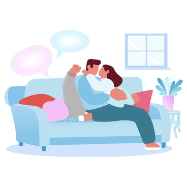 A playful cat with soft fur is nuzzling against its owner's neck, demonstrating affection. The owner is wearing a cozy sweater and is sitting on a plush sofa. Surrounding them are warm-colored throw pillows and a knitted blanket. A few houseplants are placed on a nearby table, and a gentle light filters in from a window, creating a comforting atmosphere.