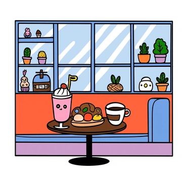 A whimsical anime cafe with colorful decor and charming furniture. In the center, there is a small round table made of dark wood. On the table, there are various pastries including a chocolate croissant, a fruit tart topped with colorful berries, and a cream puff. Beside the pastries, there are two drinks: a vibrant pink strawberry milkshake topped with whipped cream and a hot cup of richly brewed coffee. The background features large windows with soft sunlight streaming in, and shelves filled with cute figurines and potted plants. The overall atmosphere is warm and inviting, with decorative elements that evoke a sense of playfulness and joy.