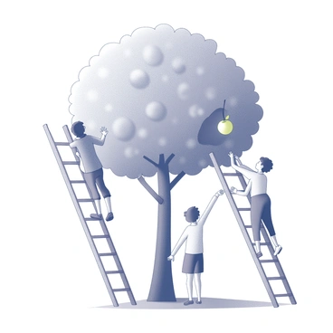 A graphic depicting two ladders of different heights leaning against a large fruit tree. The first ladder is shorter and positioned at an angle, while the second ladder is taller, standing upright next to it. Diverse individuals of varying heights are positioned on each ladder, reaching for the same large, ripe fruit hanging from a low branch. The scene conveys an effort to ensure that everyone can access the fruit, highlighting the interaction between the ladders and the participants.