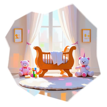 A lavish nursery featuring a beautifully crafted wooden cradle adorned with intricate carvings. The cradle is positioned centrally, draped with soft, pastel-colored fabric. Surrounding the cradle are plush toys, including a soft pink teddy bear, a delicate unicorn, and a set of colorful building blocks. The walls are painted in gentle hues of pale pink, and there are elegant decorations such as framed fairy tale illustrations. A soft, fluffy rug covers the floor, adding to the cozy atmosphere of the nursery. Elegant curtains frame a window, letting in soft, natural light.