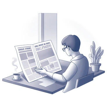 A person sitting at a wooden table, intently focused on a financial newspaper. The newspaper's pages are spread open, prominently displaying "bold headlines about stocks." The individual has short hair and wears glasses, with a furrowed brow indicating concentration. There is a steaming cup of coffee placed beside the newspaper, and a small potted plant in the background adds detail to the scene. Sunlight filters in through a nearby window, illuminating the text on the newspaper.