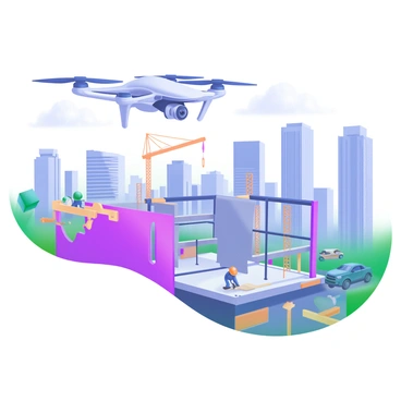A modern pastel illustration featuring a drone hovering above a construction site. The drone has sleek, streamlined features and is equipped with a camera pointing downwards. Below it, a partially constructed building shows exposed steel beams and scaffolding, indicating active work. Surrounding the site, a vibrant city is visible with tall skyscrapers, busy streets, and vehicles in motion. Workers in hard hats can be seen on the construction site, engaged in various tasks. The sky is bright with soft clouds, enhancing the lively atmosphere of the bustling city.