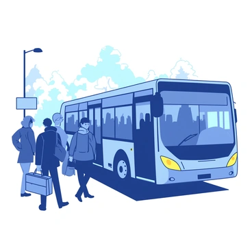 A group of commuters dressed in warm clothing is boarding a bus in the early morning fog. The bus, which is partially obscured by the thick mist, features visible yellow headlights glowing through the haze. Silhouettes of the commuters can be seen as they carry bags and briefcases, some adjusting their scarves against the cool air. The fog creates a soft, muted atmosphere, with the outlines of nearby trees and street signs barely discernible in the background.