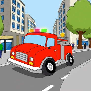 A bright red fire engine racing down a busy city street. The fire engine has its lights flashing in vibrant colors, creating a lively scene. Buildings line the street, with large windows reflecting the light from the fire engine. In the background, a few pedestrians are looking on in surprise, while a couple of trees are positioned along the sidewalk. The road is marked with white lines and there are a few parked cars along the side. The sky is clear with a hint of blue.