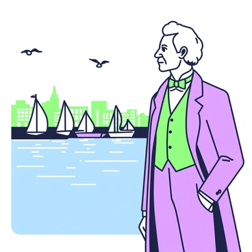 Frederick Douglass is standing near a harbor, gazing out over the water. He is wearing a formal suit with a vest and a bow tie, and his hair is styled in a traditional manner. The harbor is bustling with activity, featuring several ships anchored in the water, their sails furled. In the background, there are buildings along the shoreline, casting reflections on the surface of the water. Seagulls are flying overhead, adding to the lively scene. The sky is clear, and a gentle breeze can be imagined as Douglass contemplates the horizon.