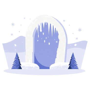 A frosty portal with a glimmering blue surface stands prominently in the center of a winter landscape. The portal is encased in delicate, shimmering snowflakes that gently fall around it, creating a magical atmosphere. Icicles with sharp edges hang from the top of the portal, reflecting light as they dangle. In the background, a blanket of white snow covers rolling hills, and a few evergreen trees dusted with snow frame the scene on either side. The overall ambiance is chilly, evoking the essence of a wintry wonderland.