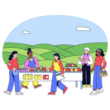 A farmers market set among green fields under a clear blue sky. Stalls are lined with colorful fresh produce, including vibrant red tomatoes, yellow squash, and leafy greens. Customers of various ages are happily browsing the stalls, some carrying baskets filled with fruits and vegetables. A vendor at one stall is displaying jars of homemade jams and honey, while another stall features an array of flowers in bright hues. The atmosphere is lively, with people engaged in friendly conversations.