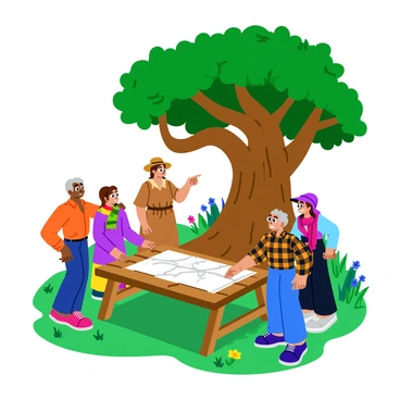 A group of five villagers is gathered around a large, ancient tree with a thick, gnarled trunk and sprawling branches. The tree's leaves are vibrant green, casting dappled shadows on the ground. Two villagers, a woman with long brown hair wearing a woven dress and a man with short gray hair in a plaid shirt, are animatedly discussing while pointing at a large map spread out on a rustic wooden table. The other three villagers, one wearing a straw hat, another in a colorful scarf, and the last with glasses, listen attentively, nodding in agreement. In the background, a few smaller trees and wildflowers can be seen, contributing to the lively atmosphere of the gathering.