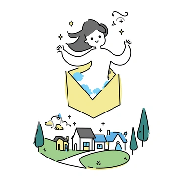 A mystical guardian spirit, with flowing translucent features, is emerging from the center of a large, shimmering crystal. The spirit has a gentle expression, with glowing eyes that reflect the light. Below, a peaceful village is visible, with small, quaint houses nestled among lush greenery. The village is bathed in soft light, suggesting tranquility. A few villagers can be seen walking on paths, going about their daily lives, while the guardian spirit casts a protective watch over them.