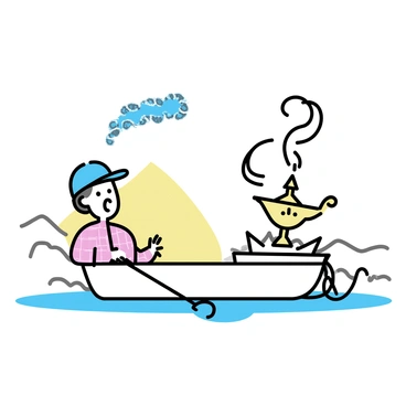 A fisherman, wearing a weathered blue cap and a simple plaid shirt, stands in a small wooden boat. He has a look of surprise on his face as he stares at a shimmering, swirling cloud of smoke. The smoke is emanating from an ornate brass lamp that he has pulled from his fishing net. The lamp has intricate designs and is slightly open, suggesting the genie is emerging. The water surrounding the boat is calm, reflecting the colors of the sky. In the background, there are hints of distant mountains and a soft sunrise beginning to break the horizon.